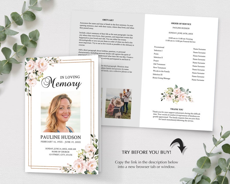 Pink Roses Funeral Program Template, Funeral Order of Service (Instant Download) image 4
