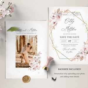 May include: Wedding invitation suite featuring a photo and floral design. The invitation includes the names "Cathy and Matthew", the date August 27, 2050, and the location in Pensacola, Florida. The "Save the Date" card has a gold geometric frame.
