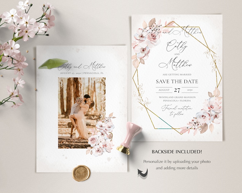 May include: Wedding invitation suite featuring a photo and floral design. The invitation includes the names "Cathy and Matthew", the date August 27, 2050, and the location in Pensacola, Florida. The "Save the Date" card has a gold geometric frame.