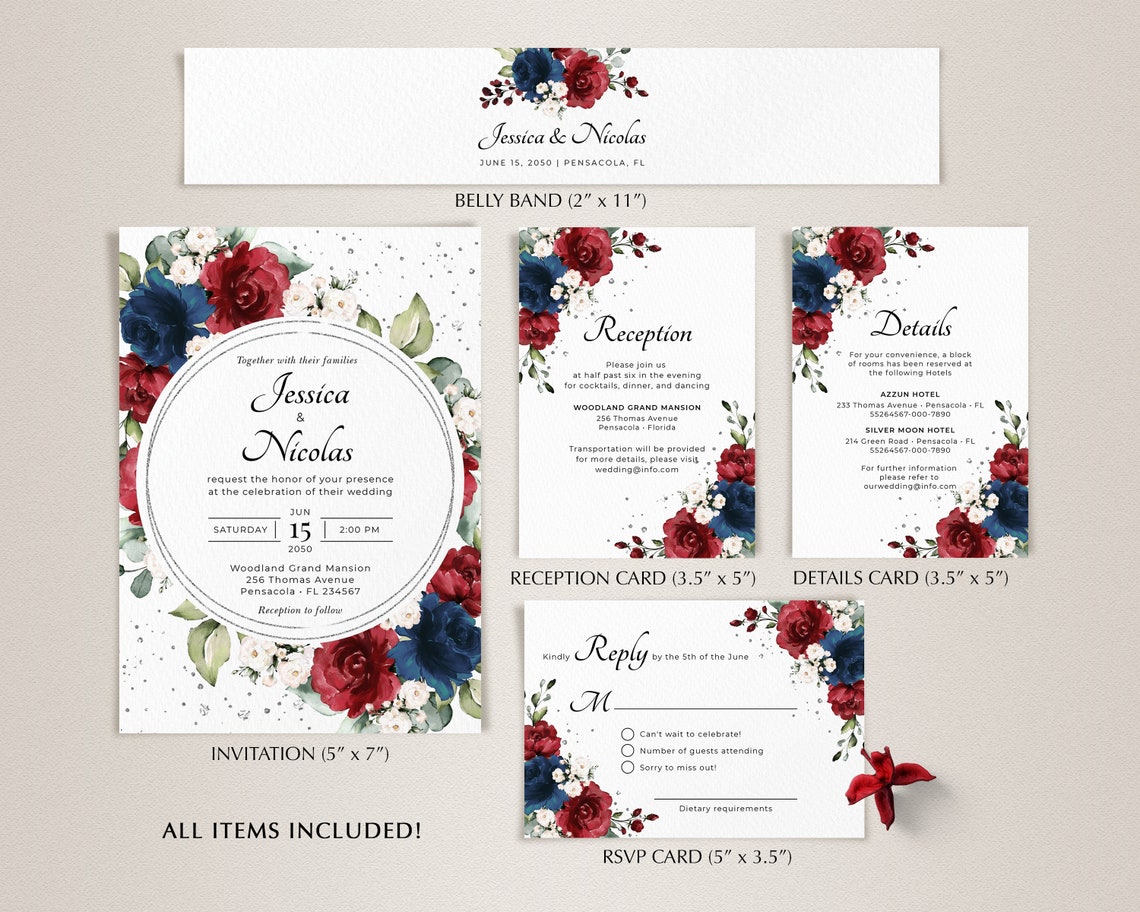 Burgundy and Navy Blue Wedding Invitation Template Suite | Etsy