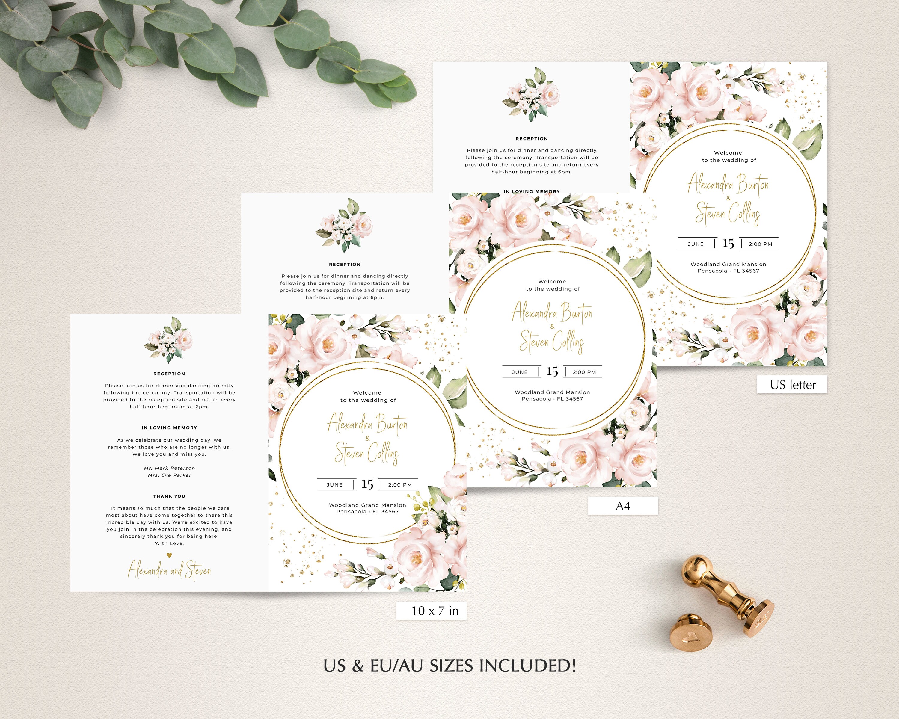 Folded Wedding Program Template With Pink Roses, Order of Service ...