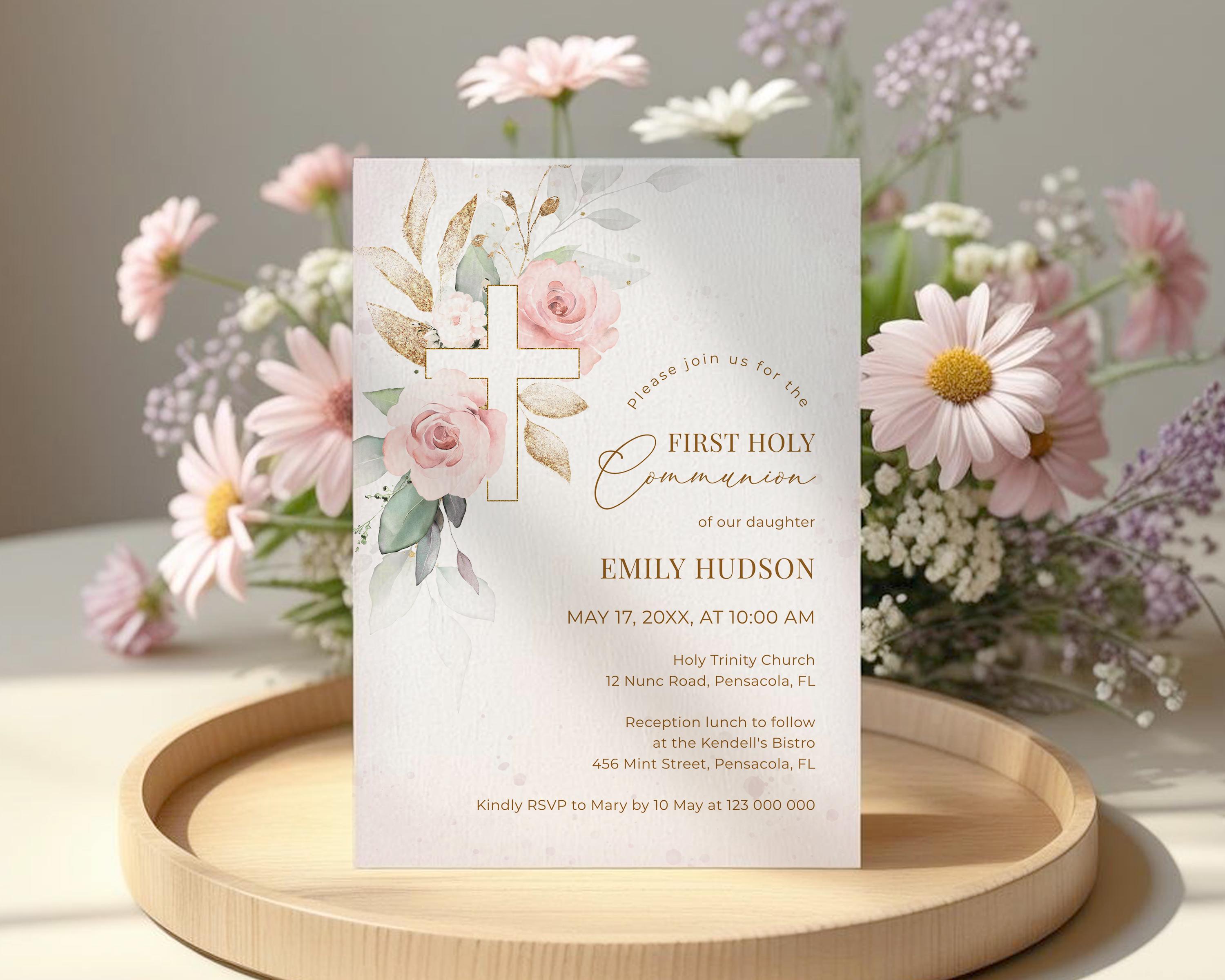 Light Pink First Holy Communion Invitation Template • INSTANT DOWNLOAD ...