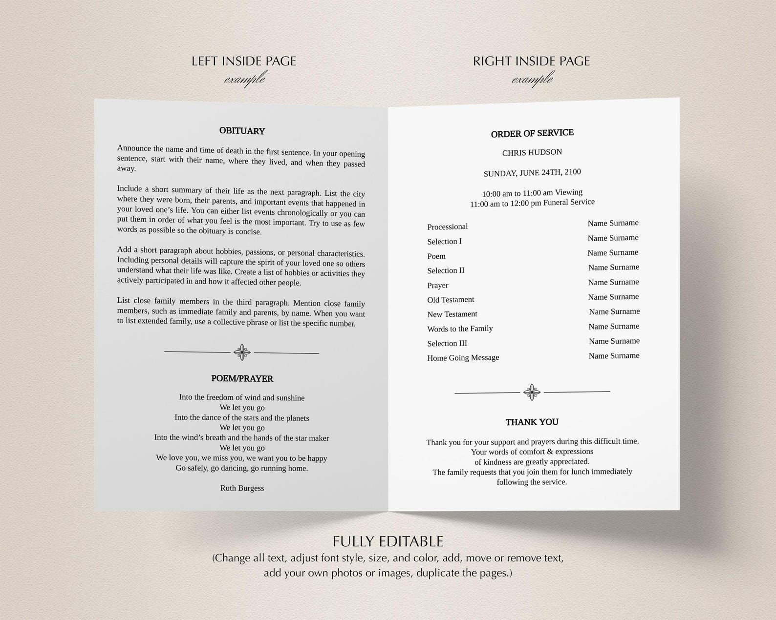 Bi-fold Funeral Program Template • Order of Service • Editable ...