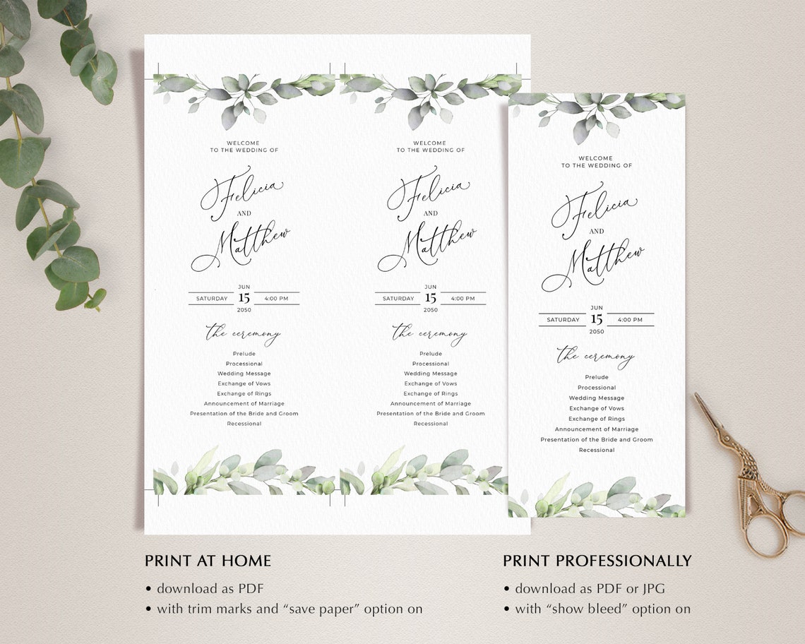 Boho Greenery Wedding Program Template Bohemian Program - Etsy