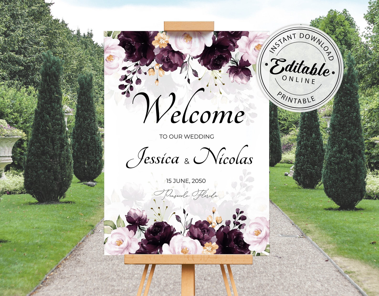 Purple Wedding Welcome Sign Template Floral Dark Plum Wedding - Etsy