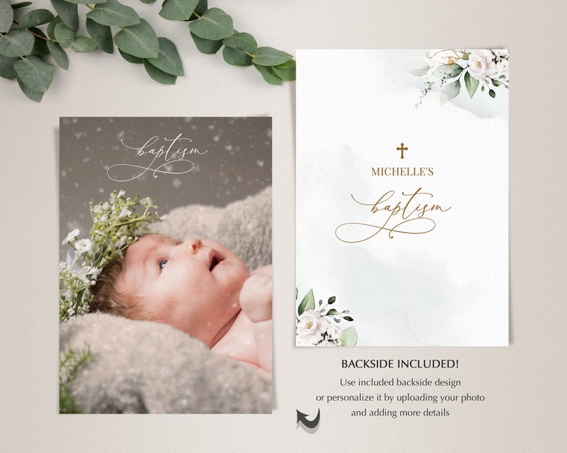 Greenery White Roses Baptism Invitation Template (Digital Download) immagine 6