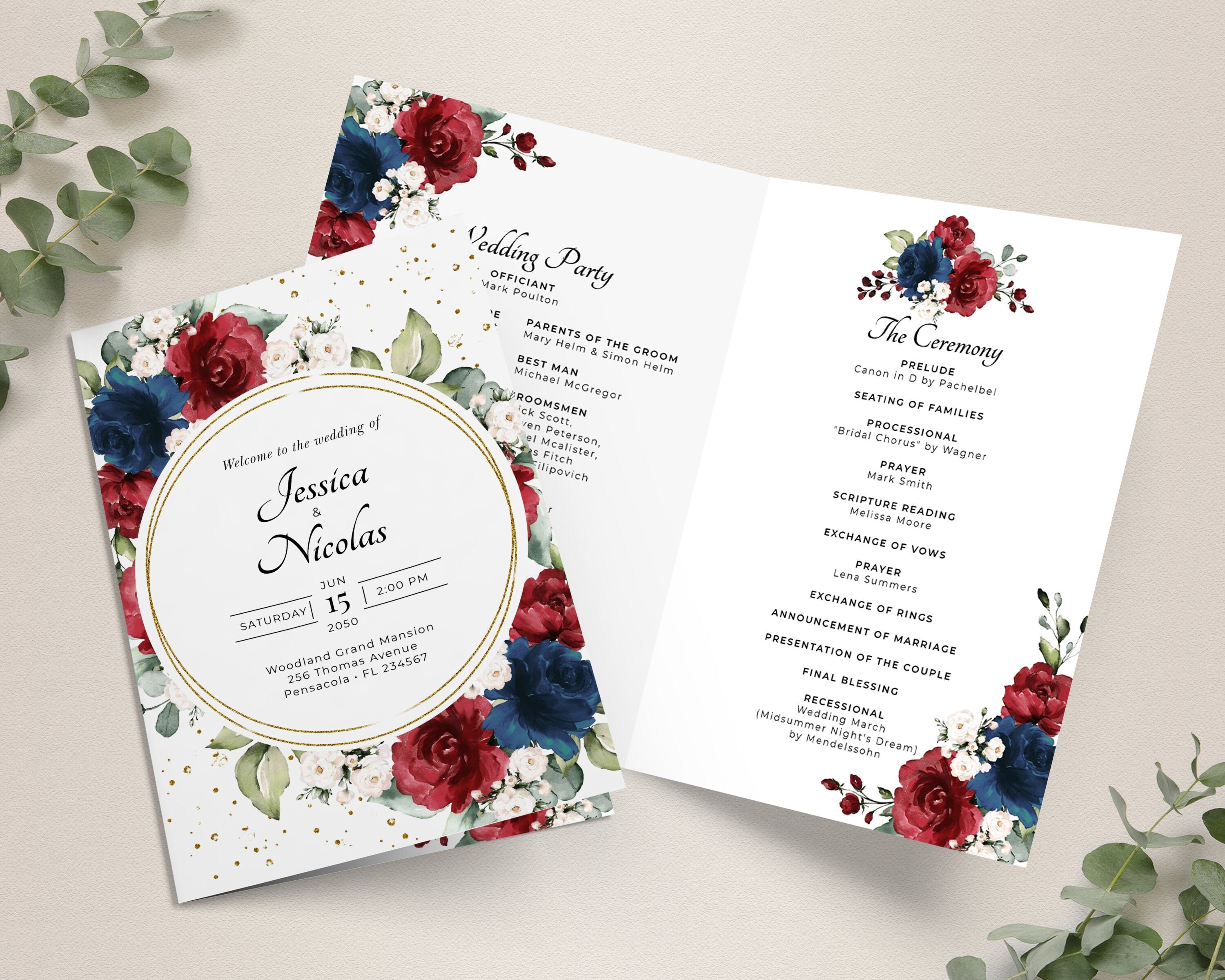 Folded Wedding Program Template With Burgundy and Navy Blue - Etsy