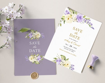 Lavender and Pale Yellow Save the Date Template, Wedding Date Reservation • INSTANT DOWNLOAD • Editable Printable Template, #140