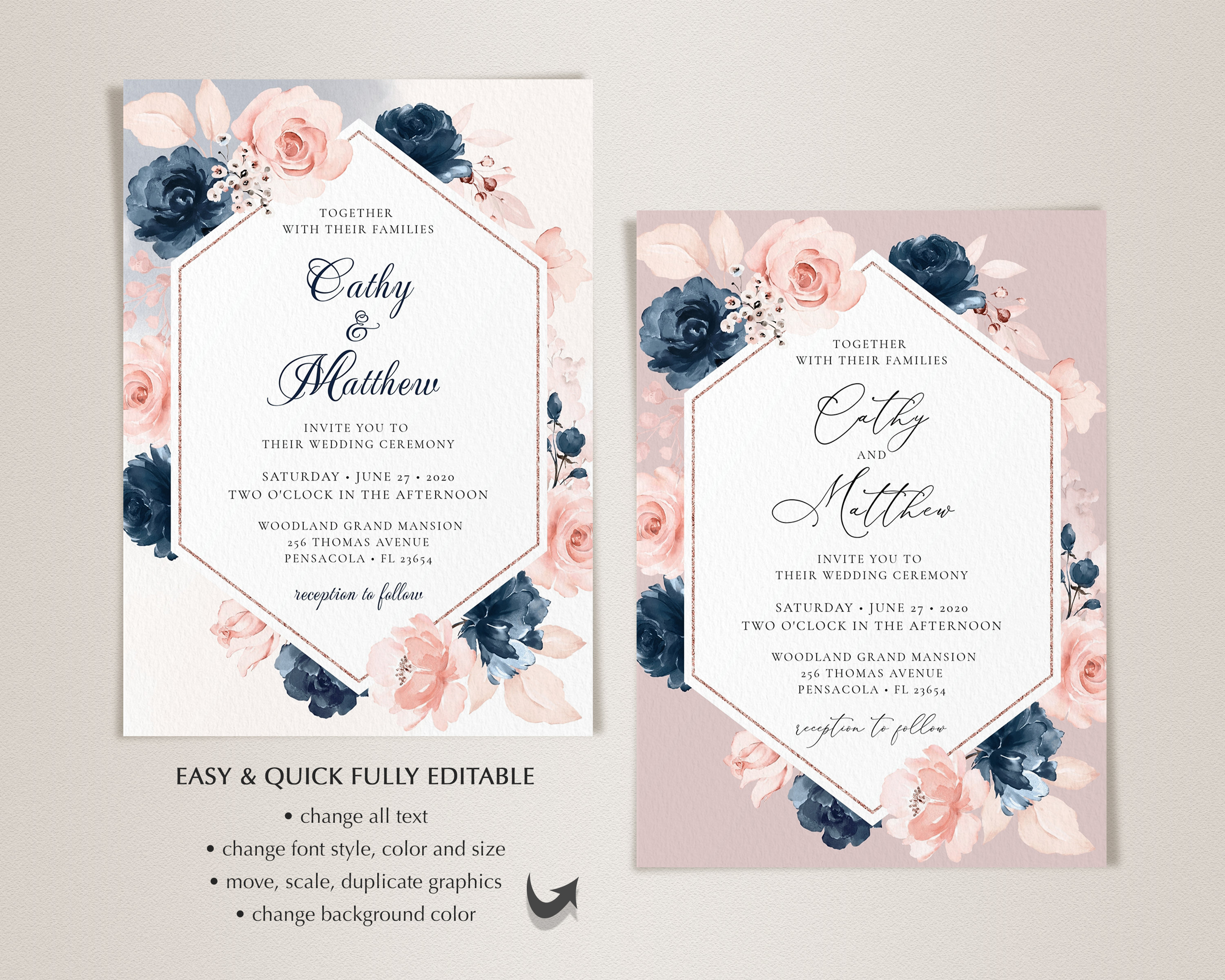 Navy Blue and Blush Pink Wedding Invitation Template Set | Etsy