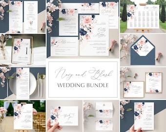 Navy Blue and Blush Pink Wedding Invitation Template Big Bundle (Digital Download) A120