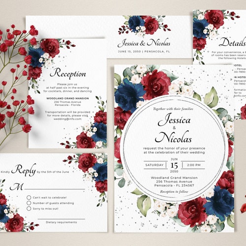Burgundy and Navy Blue Wedding Invitation Template Suite - Etsy