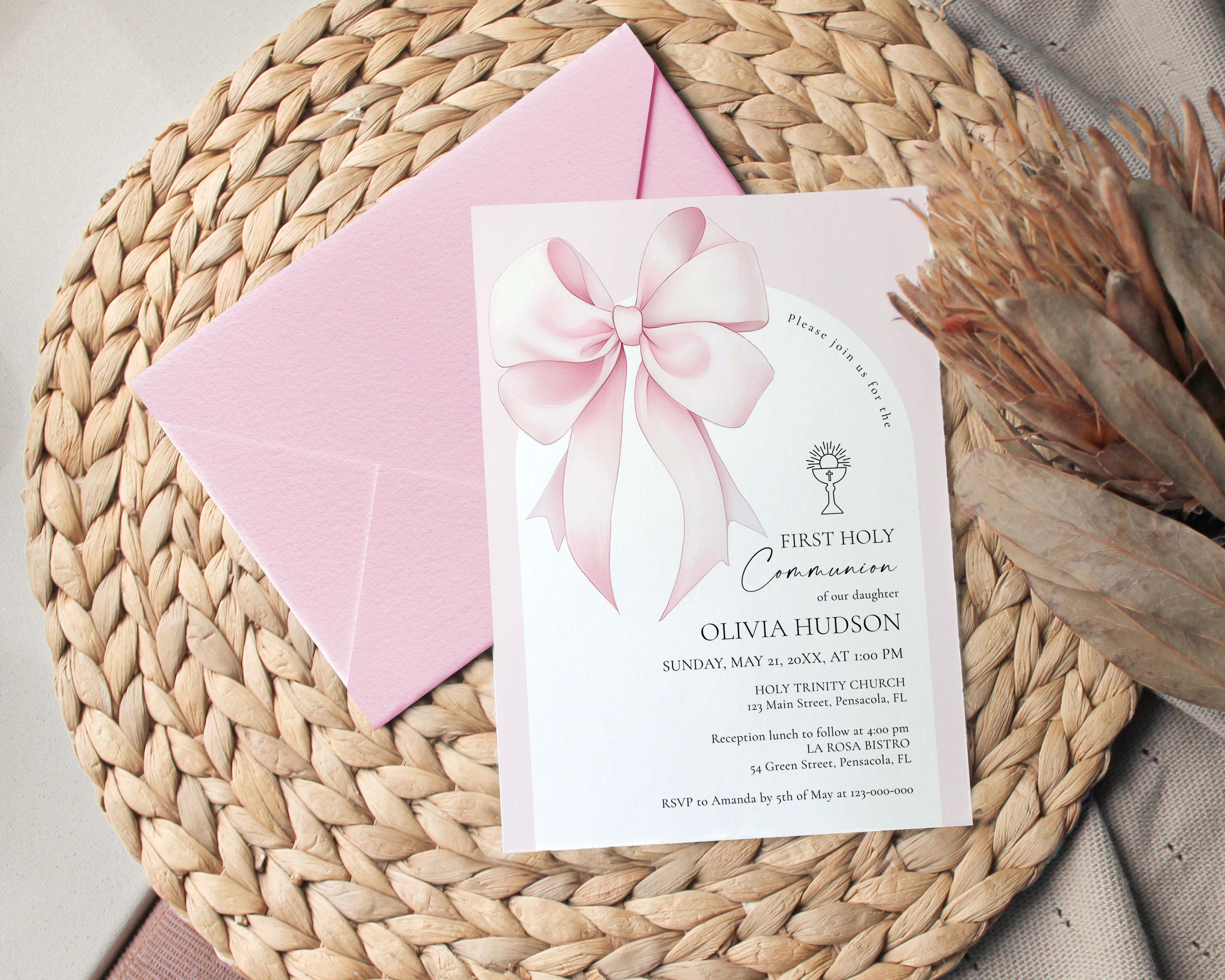 Pink Bow First Holy Communion Invitation Template • INSTANT DOWNLOAD ...