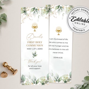 First Holy Communion Bookmark Template, Greenery Bookmark Template ...