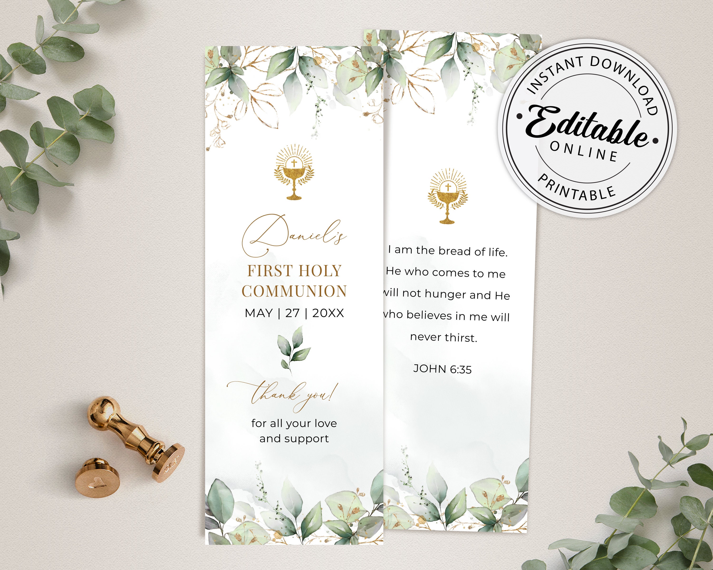 First Holy Communion Bookmark Template, Greenery Bookmark Template ...
