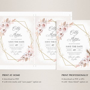 May include: Elegant wedding Save the Date cards featuring a floral design with blush pink and cream-colored flowers, gold geometric frames, and the names Cathy and Matthew. The date is August 27, 2020. Includes text: "Formal invitation to follow."