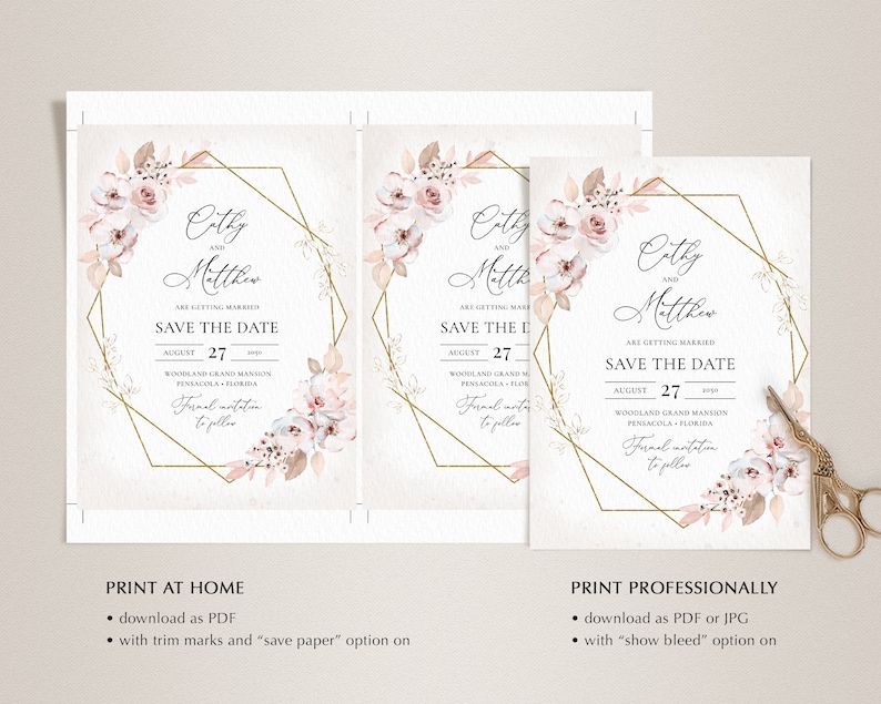 May include: Elegant wedding Save the Date cards featuring a floral design with blush pink and cream-colored flowers, gold geometric frames, and the names Cathy and Matthew. The date is August 27, 2020. Includes text: "Formal invitation to follow."