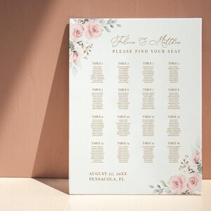 Wedding Seating Chart Template with Pale Pink Roses INSTANT DOWNLOAD Editable, Printable Template, 126 image 3