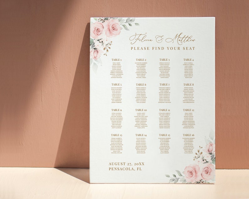 Wedding Seating Chart Template with Pale Pink Roses INSTANT DOWNLOAD Editable, Printable Template, 126 image 3