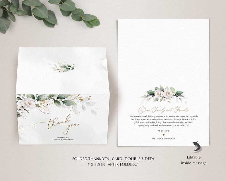 Greenery and White Roses Wedding Thank You Card Template (Digital Download), A109 image 6