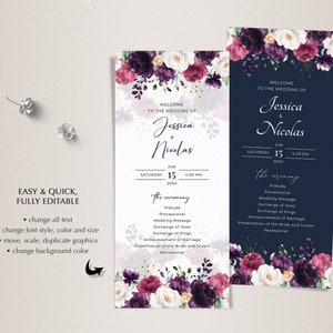 Purple, Fuchsia and White Roses Wedding Program Template (instant ...