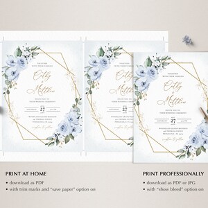 May include: A wedding invitation with a gold geometric frame and blue watercolor flowers. The invitation reads "City & Matthew" and includes the date and time of the wedding ceremony.