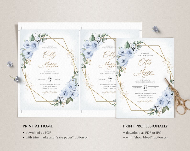 May include: A wedding invitation with a gold geometric frame and blue watercolor flowers. The invitation reads "City & Matthew" and includes the date and time of the wedding ceremony.