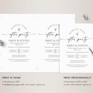Peut inclure: Cartes d'invitation de mariage blanches avec le texte "Happily Ever After Party" et les noms "Emily & Steven". Les cartes comprennent les d&eacute;tails de l'&eacute;v&eacute;nement et sont disponibles pour l'impression &agrave; domicile ou professionnelle.