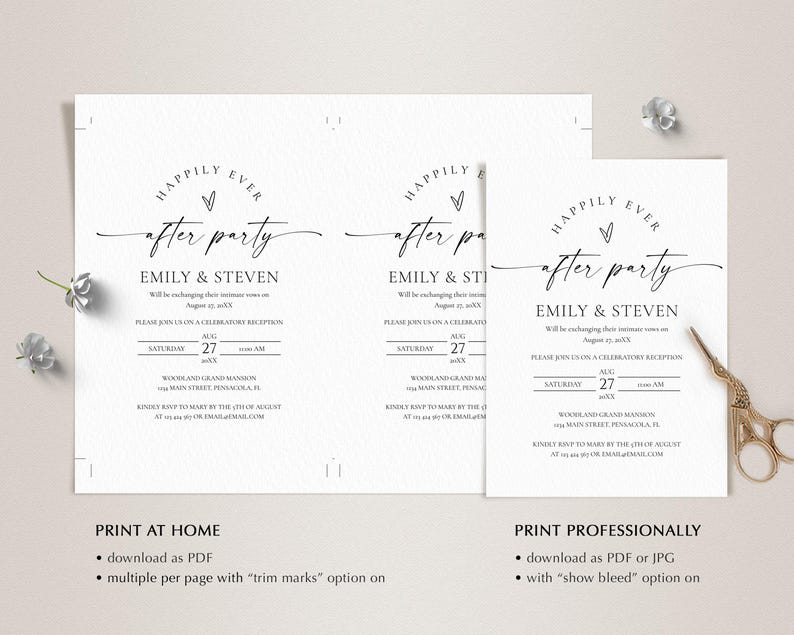 Peut inclure: Cartes d'invitation de mariage blanches avec le texte "Happily Ever After Party" et les noms "Emily & Steven". Les cartes comprennent les d&eacute;tails de l'&eacute;v&eacute;nement et sont disponibles pour l'impression &agrave; domicile ou professionnelle.