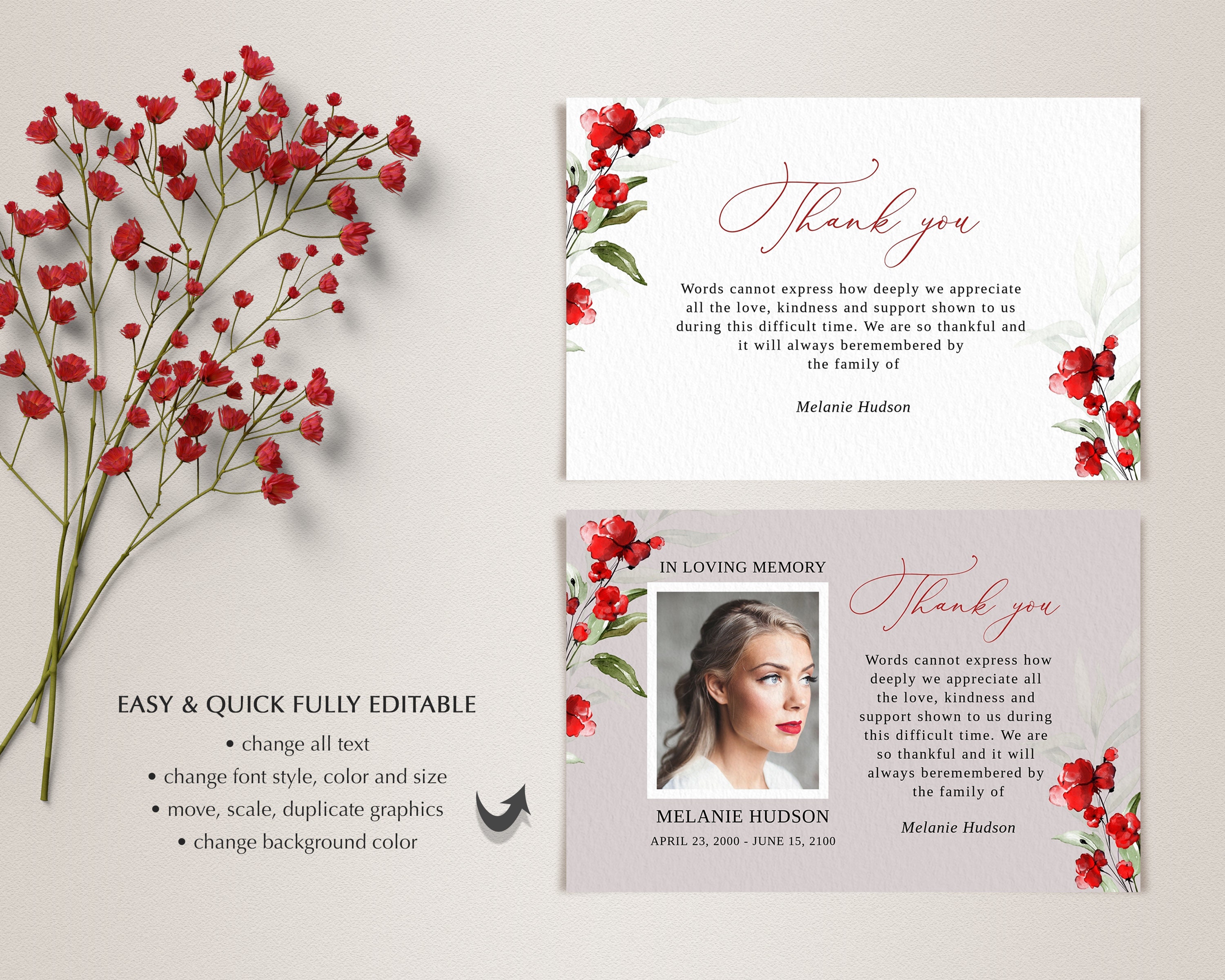 Funeral Thank You Card Template With Red Poppies, Thank You Notes ...