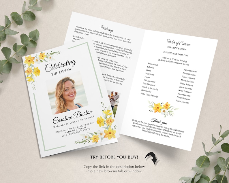 Funeral Program Template With Daffodils Memorial Program Etsy UK