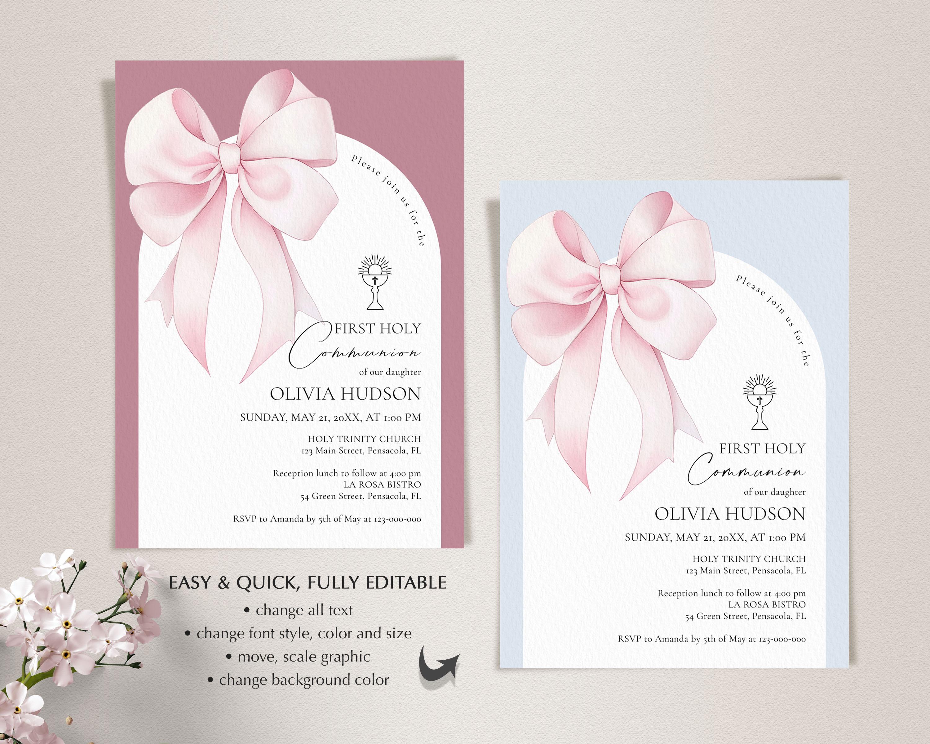 Pink Bow First Holy Communion Invitation Template • INSTANT DOWNLOAD ...