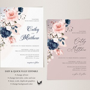 Navy Blue and Blush Pink Wedding Invitation Template and RSVP Card (Digital Download) A120 image 7