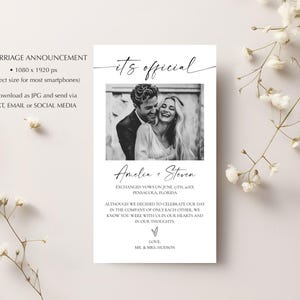 May include: A vertical marriage announcement with the text "it's official" in elegant script. A black and white photo of a smiling couple is centered. The names Amelia and Steven are below the photo, along with the wedding date and location. The announcement is designed for smartphones.