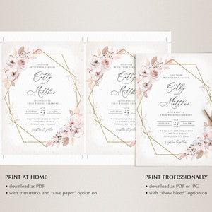 Boho Rustic Invitation Template Set, Rustic Wedding Invite with Light Pink Roses INSTANT DOWNLOAD Editable, Printable Template, A125 image 8