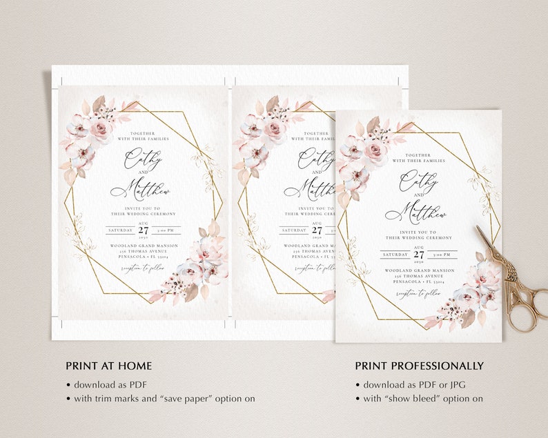 Boho Rustic Invitation Template Set, Rustic Wedding Invite with Light Pink Roses INSTANT DOWNLOAD Editable, Printable Template, A125 image 8