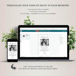 May include: A black smartphone and laptop display a wedding invitation template with a black and white photo. The text reads "It's special" and "Personalize your template right in your browser!" The invitation can be saved as a JPG file.