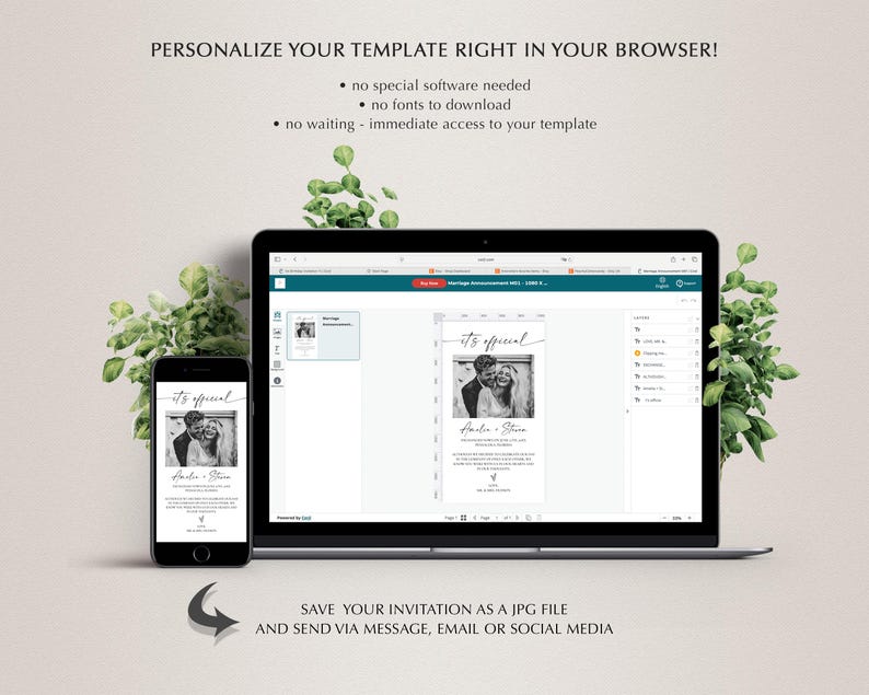 May include: A black smartphone and laptop display a wedding invitation template with a black and white photo. The text reads "It's special" and "Personalize your template right in your browser!" The invitation can be saved as a JPG file.