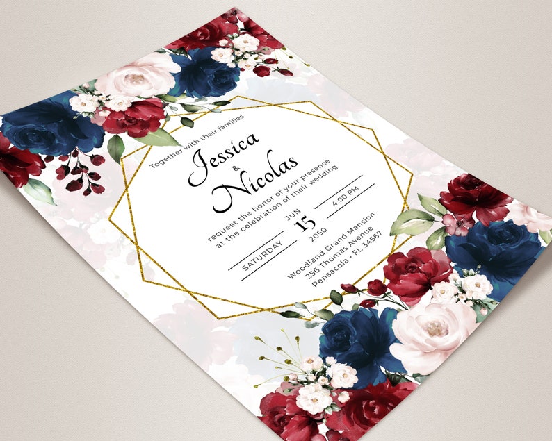 Burgundy and Navy Blue Wedding Invitation Template Wedding - Etsy