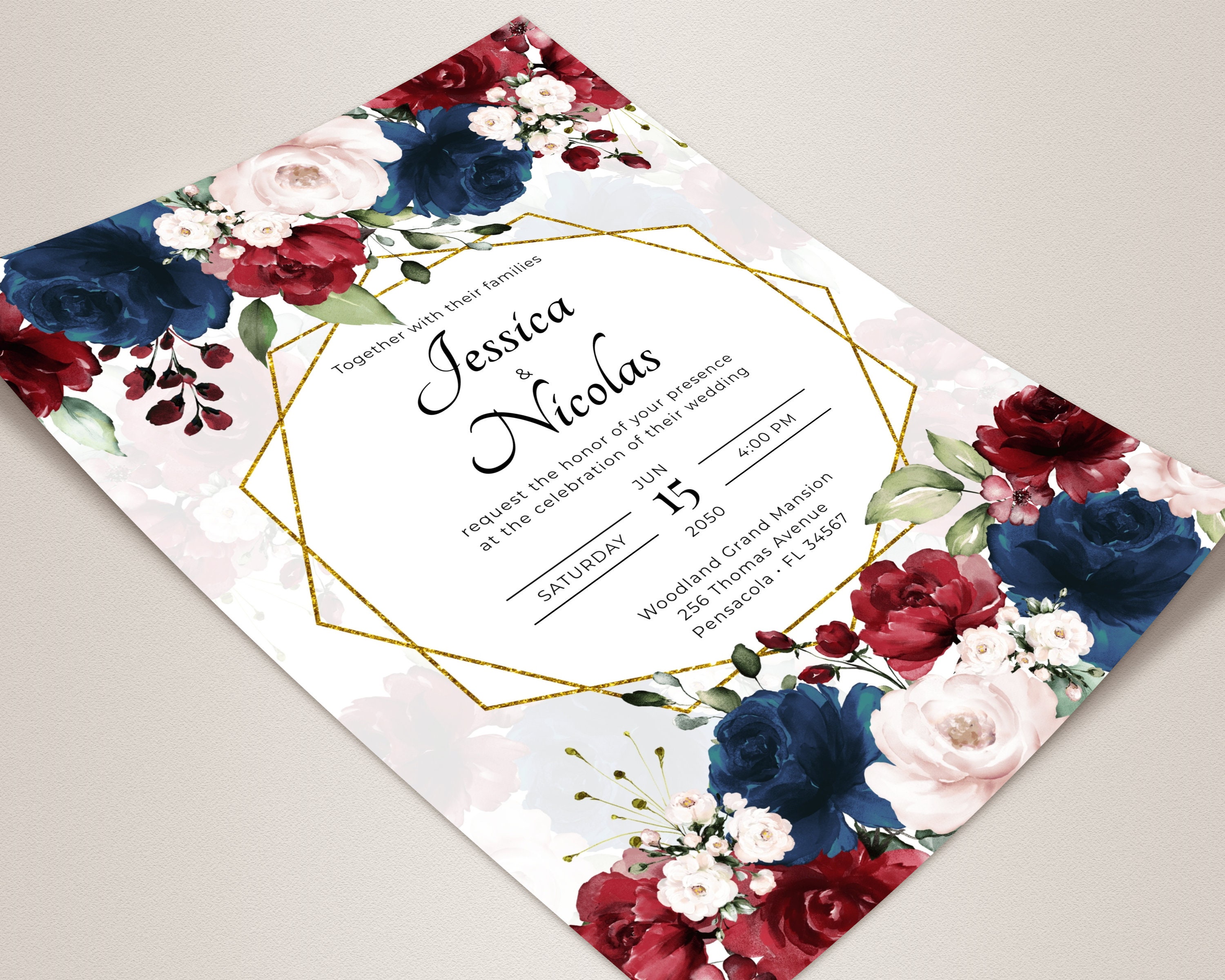 Burgundy and Navy Blue Wedding Invitation Template Wedding | Etsy