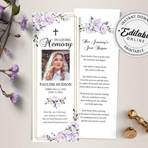 Lavender Floral Funeral Bookmark Template, Celebration of Life (Printable Editable Digital Download)