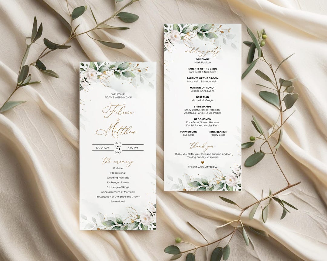 Boho Greenery Wedding Program Template With White Roses • INSTANT ...