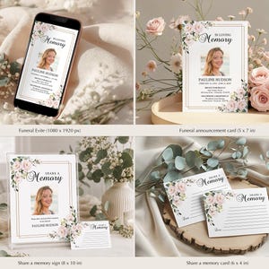 Editable Funeral Program Template Bundle, Pink Rose Memorial Suite, Funeral Templates, Printable, Instant Download image 3