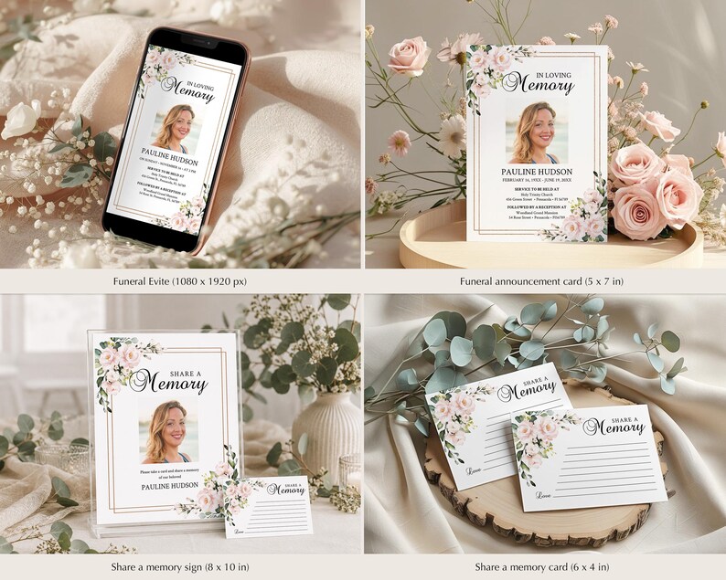 Editable Funeral Program Template Bundle, Pink Rose Memorial Suite, Funeral Templates, Printable, Instant Download image 3