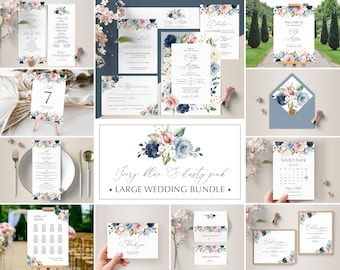 Floral Wedding Invitation Template Set, Ivory, Blue, Navy, and Pink (Editable, Printable Templates)
