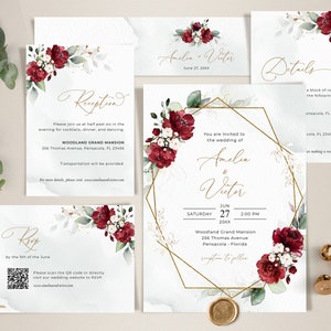 Burgundy Invitation Template Bundle, Wedding Invitation Templates Suite • INSTANT DOWNLOAD • Editable, Printable Templates, #141
