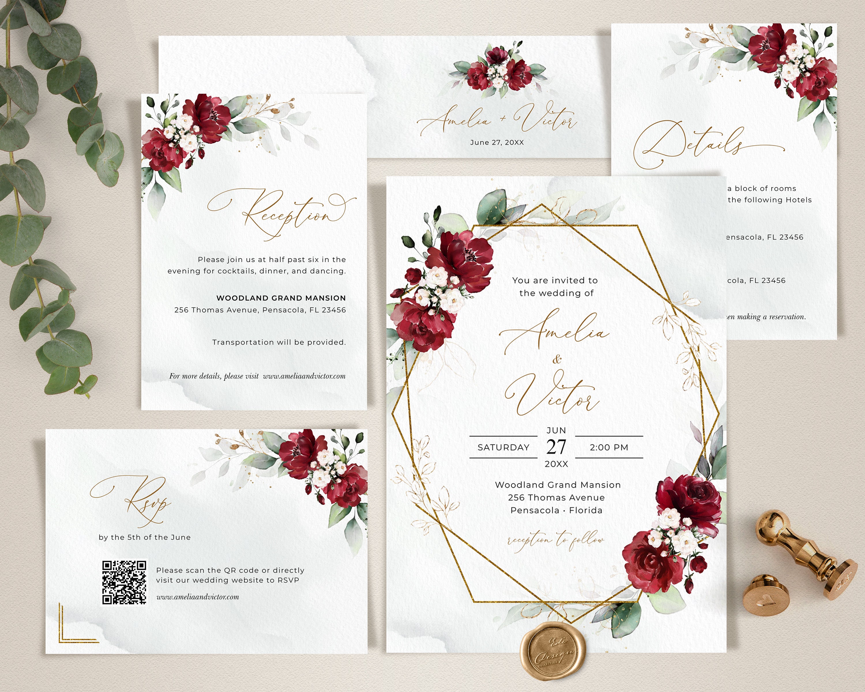 Burgundy Invitation Template Bundle, Wedding Invitation Templates Suite • INSTANT DOWNLOAD • Editable, Printable Templates, #141