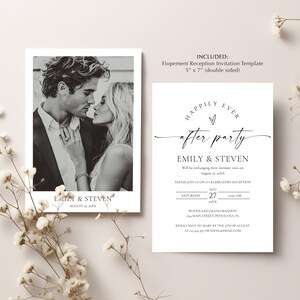 Peut inclure: Un ensemble de faire-part de mariage avec une photo en noir et blanc d'un couple. L'invitation comprend le texte "Happily Ever After Party" et les d&eacute;tails de la r&eacute;ception, avec les noms Emily & Steven.