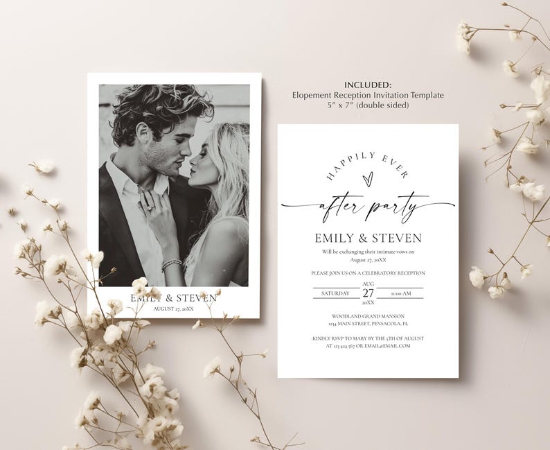 Peut inclure: Un ensemble de faire-part de mariage avec une photo en noir et blanc d'un couple. L'invitation comprend le texte "Happily Ever After Party" et les d&eacute;tails de la r&eacute;ception, avec les noms Emily & Steven.