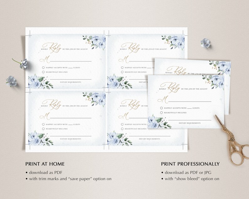 May include: Four blue and white floral RSVP cards with gold lettering. The text on the cards reads "Kindly Reply by the [date] of the August". The cards have a checkbox for "Happily Accepts with ___ guests" and "Regretfully Declines". The cards also have a space for "Dietary Requirements".