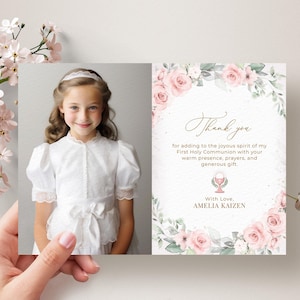 Modèle de carte de remerciement rose communion, modèle de note de remerciement photo • TÉLÉCHARGEMENT IMMÉDIAT • Modèles modifiables et imprimables, #126